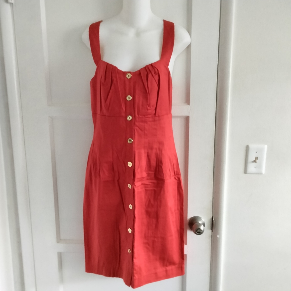 Calvin Klein Red Sleevless Button Down Sheat Midi Dress Size 8